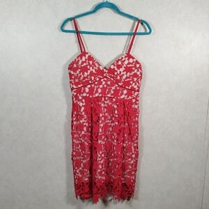 I143 Verty lined red floral lace spaghetti strap dress M
